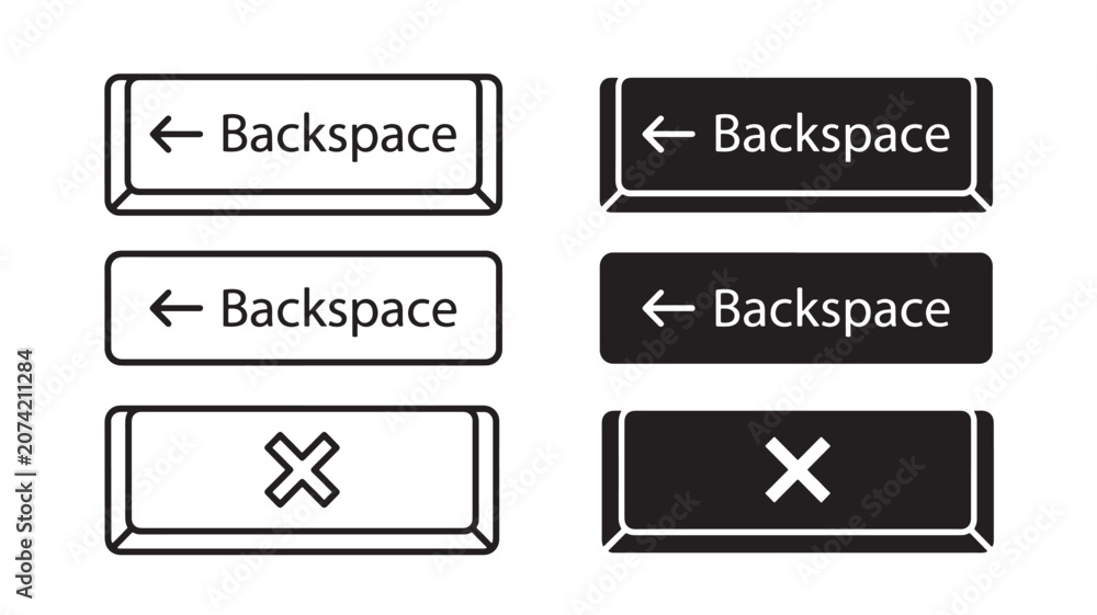 Fototapeta premium Backspace Icon Buttons with Arrow and X Symbols on Light and Dark Ui Panels for Software Navigation and Editing