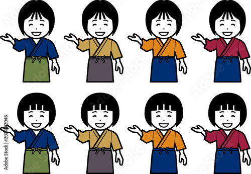 「こちらへ」と作務衣に前掛けの女性のアイコン