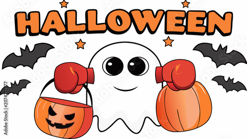 Bild auf Leinwand Cartoon ghost with boxing gloves and pumpkin bucket a colorful halloween vector