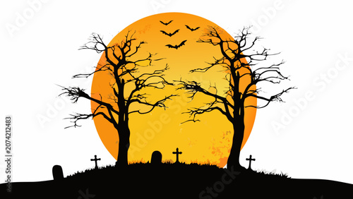 Foto Graveyard Silhouette Against A Golden Orange Moon Featuring Bare Trees And Tombs