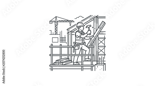 Construction worker building structure on high scaffolding.