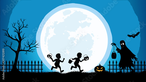 Halloween scene with trick or treaters ghost and moon a dark silhouette illustration autumn