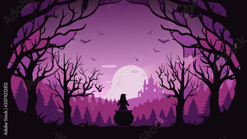 Silhouette of a witch standing before a cauldron in a purple toned forest scene