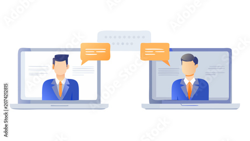 Two Businesspeople On Laptops During A Virtual Meeting Flat Vector Illustration business communication remote
