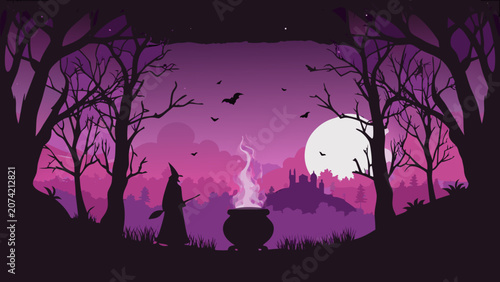 Silhouette Of Witch And Forest Scene With Castle Purple Gradient Background sorceress wizard magician