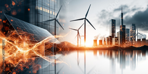Renewable energy cityscape with solar panels and wind turbines