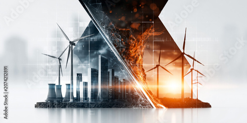 Futuristic city with wind turbines and fire energy contrast