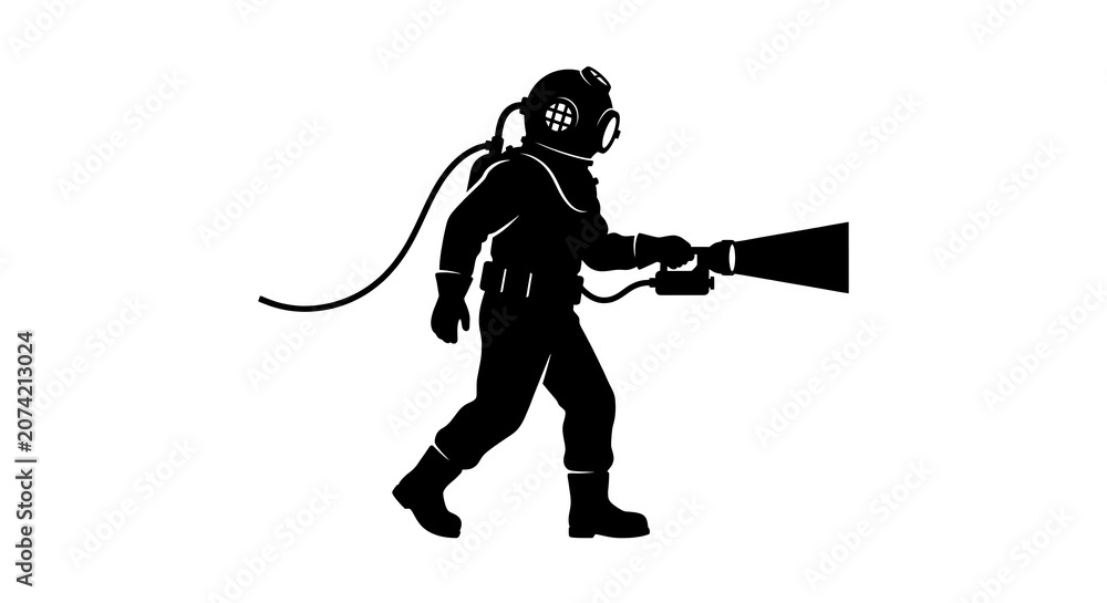 Obraz premium Vintage deep sea diver silhouette holding flashlight
