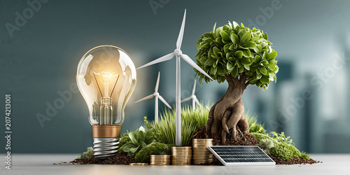 Sustainable energy concepts with lightbulb, wind turbines, tree, solar panel, and coins