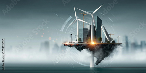 Floating futuristic city with wind turbines