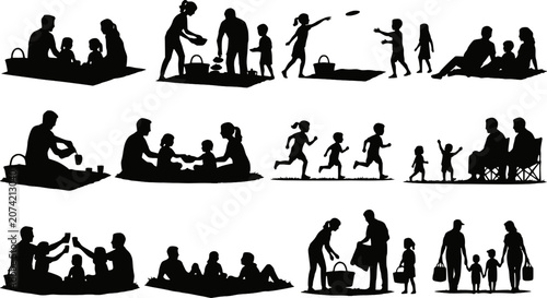 Foto Family picnic park outdoor blanket basket frisbee children run toast walk food s