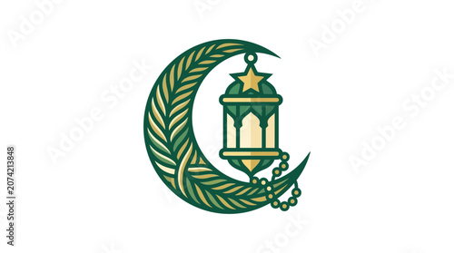 Minimalist Flat Design Ramadan Crescent Moon Icon Crafted from Palm Leaves Symbolizing Islamic Tradition and Cultural Heritage in Clean White Space for Festive Season Branding