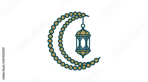 Minimalist flat design Ramadan lantern hanging under crescent moon Islamic celebration symbol white space