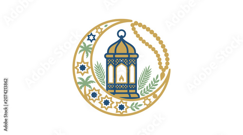 Minimalist Flat Design Ramadan Lantern Icon in Circular Frame Elegant Islamic Observance Symbol for Festive Season