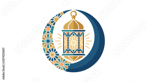 Minimalist Flat Design Ramadan Crescent Moon with Glowing Lantern Icon for Islamic Observance Celebration