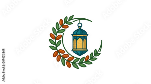 Minimalist flat design Ramadan Islamic observance icon featuring a curved date fruit branch forming a crescent moon on white canvas