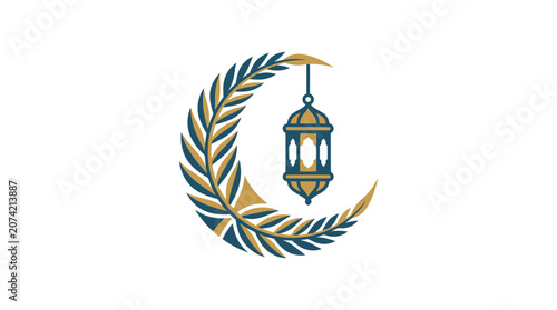 Minimalist Flat Design Ramadan Lantern Icon Suspended in Crescent Moon Islamic Celebration Symbol
