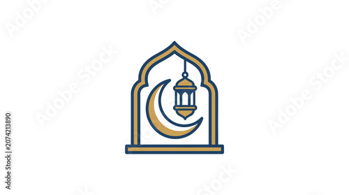 Minimalist flat design Ramadan mosque icon featuring crescent moon framed by elegant archway in white space Islamic celebration symbol