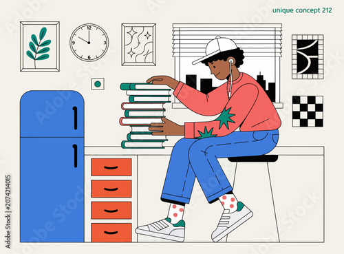 Student Studying with Stack of Books and Headphones