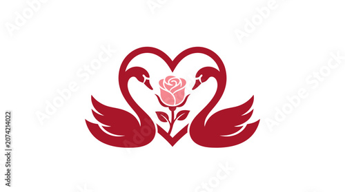 Minimalist flat design romantic Valentine's Day swan couple icon forming heart shape in elegant white space