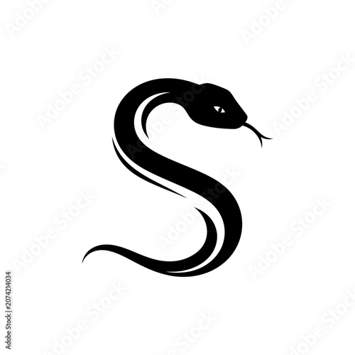 Stylized Black Snake Silhouette with Forked Tongue on White Background