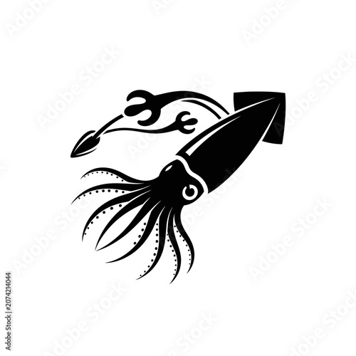 Stylized Black Squid Silhouette with Tentacles and Ink Trail