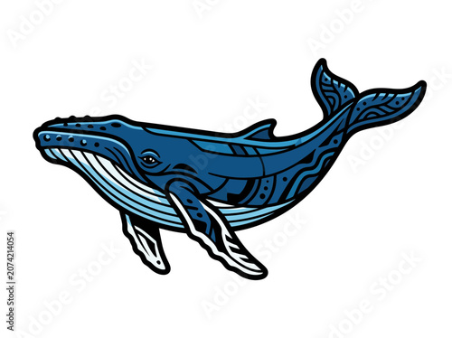 Stylized Blue Whale Illustration with Intricate Patterns
