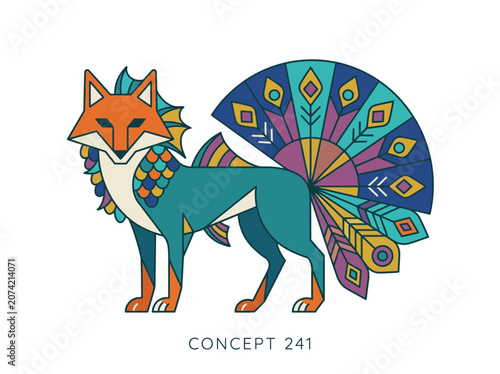 Stylized Fox with Peacock Tail - Geometric Animal Illustration