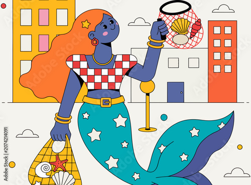 Stylized Mermaid Shopping in Modern City