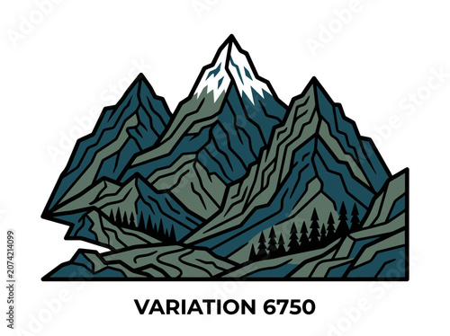 Stylized Mountain Range with Snow-Capped Peak and Pine Forest