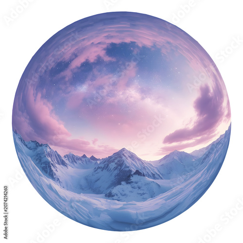 a circular landscape scene of majestic snow-covered mountain range under a sky