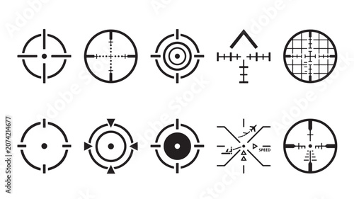 Konstfotografi Crosshair Targeting Icons Set with Radar Circles, Center Dot, and Speed Symbol f