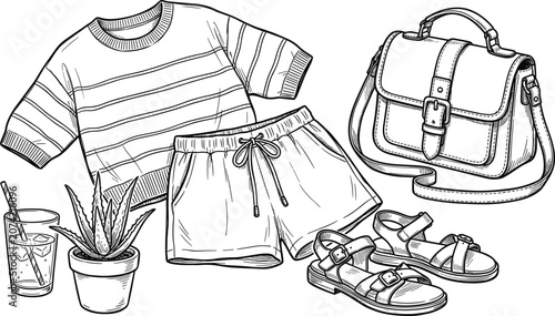 Photos Summer outfit sketch set with striped shirt drawstring shorts leather handbag st