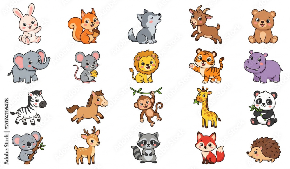 Fototapeta premium Cute Baby Wildlife Animals Flat Vector Set with Big Eye Cartoon Characters for Kids and Nursery