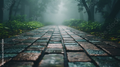 A fog-shrouded, brick-paved path winds through lush greenery and trees, leading into the distance