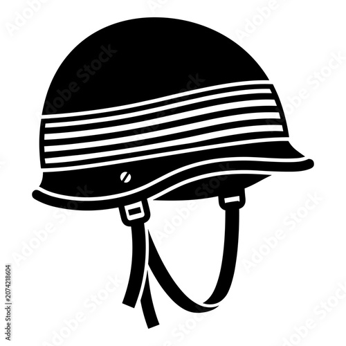 Isolated black helmet with horizontal stripes and chin straps on white background.