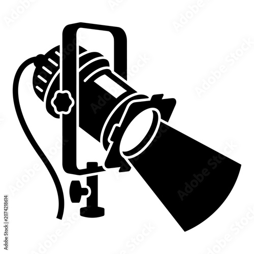 Black spotlight with adjustable stand and cable on white background.