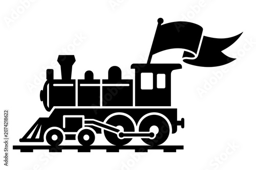 Black steam locomotive with flag on white background.