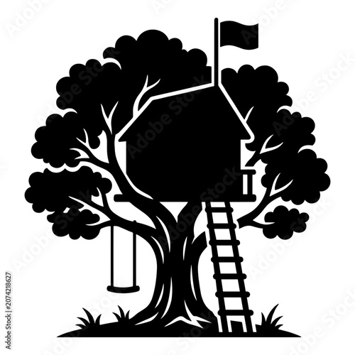 Black treehouse with flag, swing, and ladder on white background.
