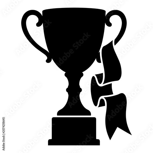 Black silhouette of a sports trophy cup with a decorative ribbon.