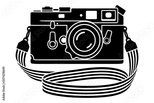 Professional vintage film camera with long neck strap isolated silhouette.