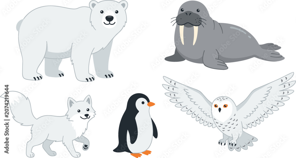 Fototapeta premium Cute Arctic and Antarctic Animal Vector Set Featuring Polar Bear Walrus Arctic Fox Penguin and Flying Snowy Owl Illustrations for Wildlife Education Graphic Designs