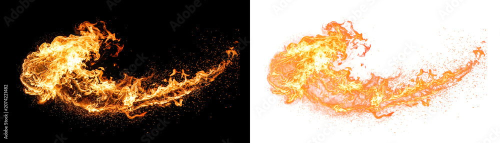Fototapeta premium Fire flame elements, orange and yellow flames, burning sparks, fire effects