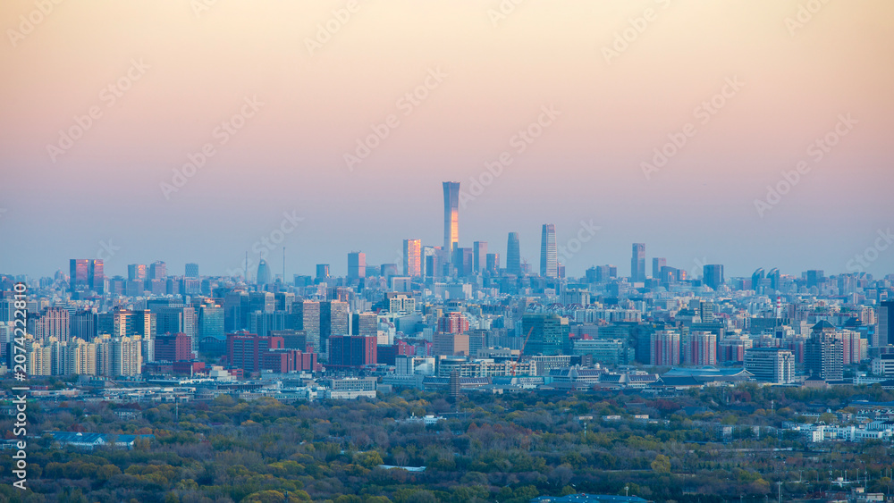 Fototapeta premium Aerial panoramic view of Beijing city skyline at sunset, China