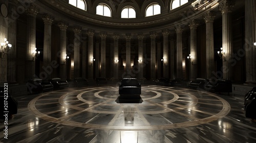 A grand, circular room with pillars, seating, and a central table, lit by chandeliers