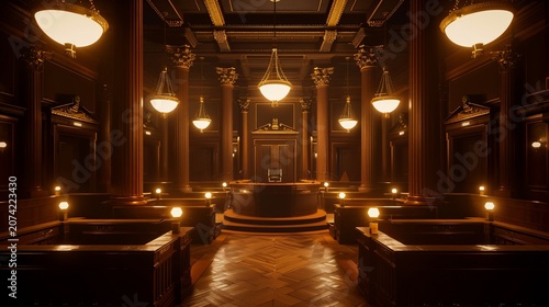 A grand, ornate courtroom with wood paneling, columns, & hanging lights