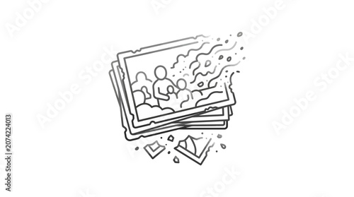 Konstfotografi Stacked instant photos dissolving into particles line art.