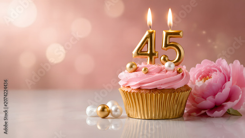 Elegant 45th Birthday Cupcake with Candles and Beautiful Floral Elements