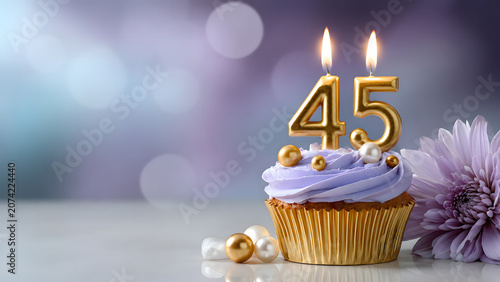 Elegant 45th Birthday Cupcake with Gold Candles and Decorative Flowers on Table