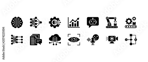 Comprehensive collection of artificial intelligence and machine learning flat line icons.